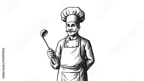 Professional chef in uniform with apron and hat in vintage engraving style