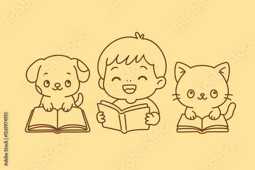 Happy kid reading book with cute puppy and kitten, kawaii cartoon vector illustration for kids’ book club and story time