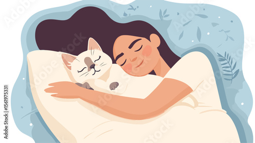 Blissful woman napping with adorable Sphynx cat in top view perspective