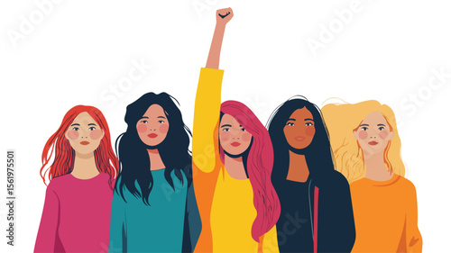 Energetic Young Feminist Woman Smiling and Raising Hand in Joyful Gesture