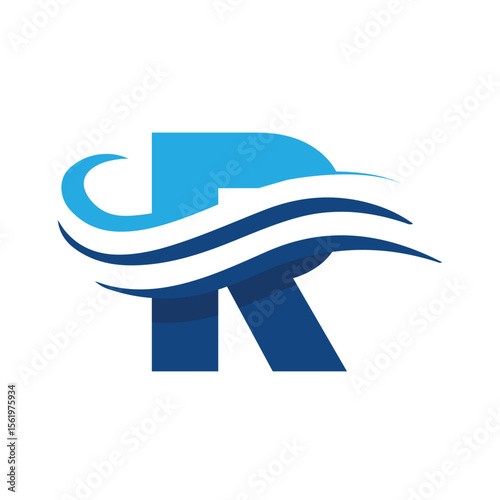 The image shows a flat logo design that depicts a letter R in blue color combination with three wavy lines cut through the letter like a wave that looks clan and modern on a white background