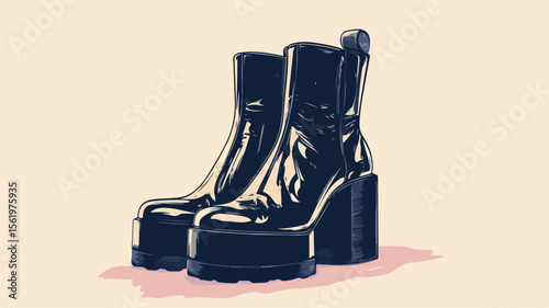 Vintage High Boots with Platform Heel Fashion Accessory Vector Illustration