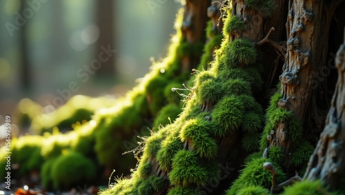 Lush Green Moss Growing on Tree Trunk in Forest Sunlight