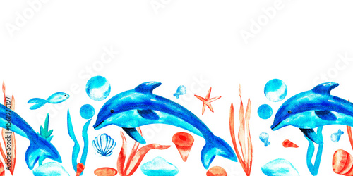 Photography Watercolor border with ocean animals on white background