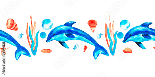 Photography Watercolor border with ocean animals on white background