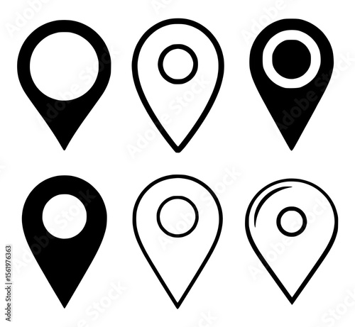 Variety of black and white location pin icons