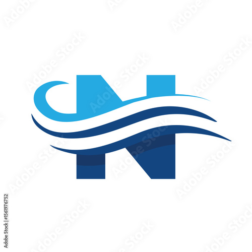 The image shows a flat logo design that depicts a letter N in blue color combination with three wavy lines cut through the letter like a wave that looks clan and modern on a white background