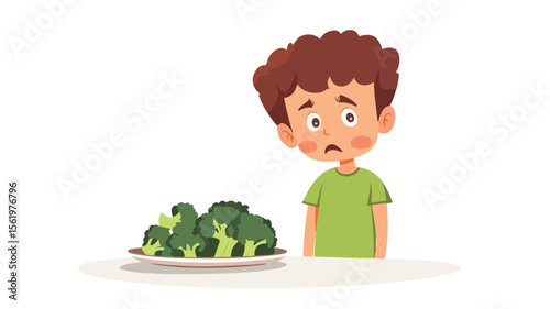 Child Expressing Disgust at Healthy Broccoli, Kid with Negative Reaction to Vegetables