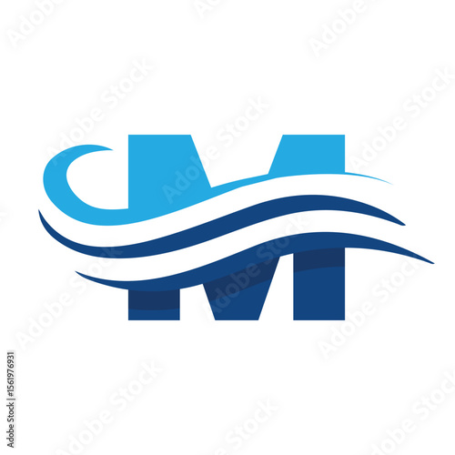 The image shows a flat logo design that depicts a letter M in blue color combination with three wavy lines cut through the letter like a wave that looks clan and modern on a white background