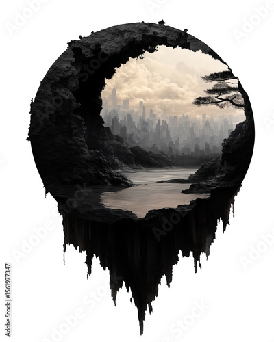 Serene Landscape with a River and a Distant City in a Cave, isolated on a transparent background.