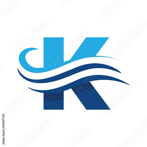 The image shows a flat logo design that depicts a letter K in blue color combination with three wavy lines cut through the letter like a wave that looks clan and modern on a white background