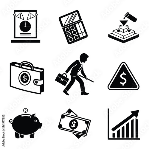 Financial and Accounting Glyph Icon Collection – Forecast, Expenses, User, Audit, Risk Alert, Investment, Piggy Bank Silhouettes.AI/EPS
