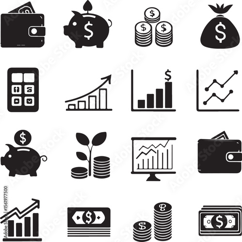 Financial and Accounting Glyph Icon Collection – Forecast, Expenses, User, Audit, Risk Alert, Investment, Piggy Bank Silhouettes.AI/EPS