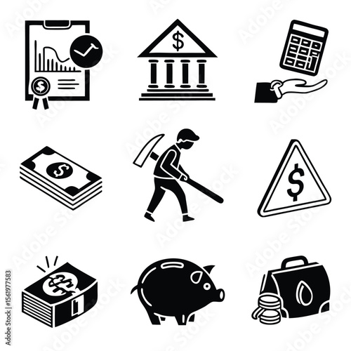 Financial and Accounting Glyph Icon Collection – Forecast, Expenses, User, Audit, Risk Alert, Investment, Piggy Bank Silhouettes.AI/EPS
