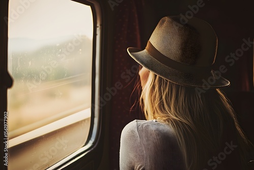 Young Woman Wearing Hat Gazing Out Train Window During Journey