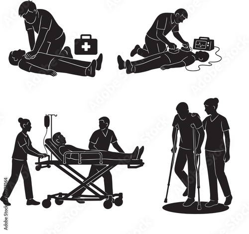 Emergency Medical Silhouette Collection – Life-Saving Actions and Patient Support, CPR, Defibrillator, Stretcher & Crutch Support Silhouettes for Healthcare Graphics, Medical Response Team 