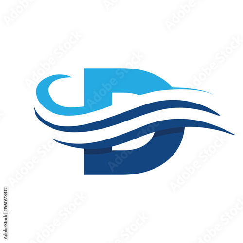 The image shows a flat logo design that depicts a letter D in blue color combination with three wavy lines cut through the letter like a wave that looks clan and modern on a white background