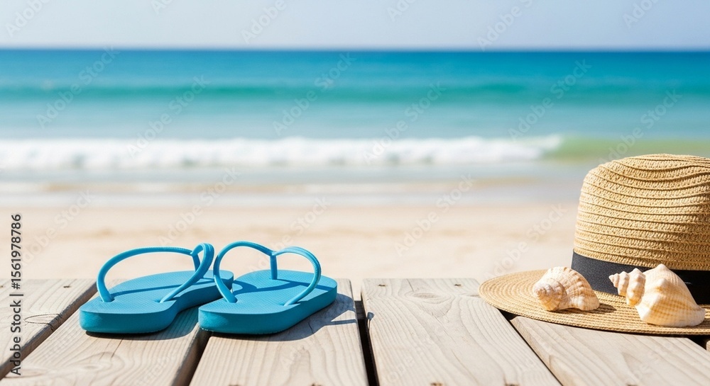 Obraz premium Flip-flops on wooden deck with azure ocean, seashells, and straw hat nearby