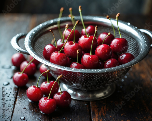 Freshly washed cherries in a vintage colander glisten in the soft light of a rustic kitchen setting
