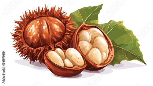 Cracked Chestnut Fruit with Burs, Open Shell Edible Nut Close-up