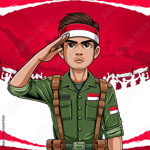 illustration of Indonesian soldiers with a red and white background