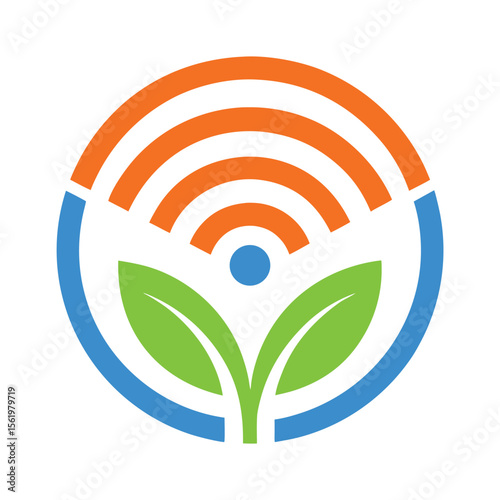 Green leaves and wifi signal in a blue circle technology