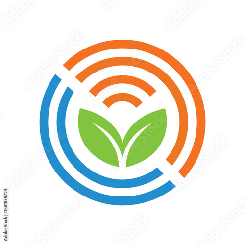 Green leaves and concentric circles with wifi signal leaf blue