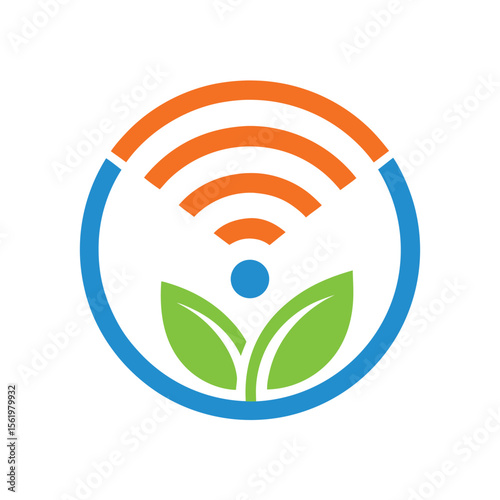 Green leaves and wifi signal inside a blue and orange circle technology network