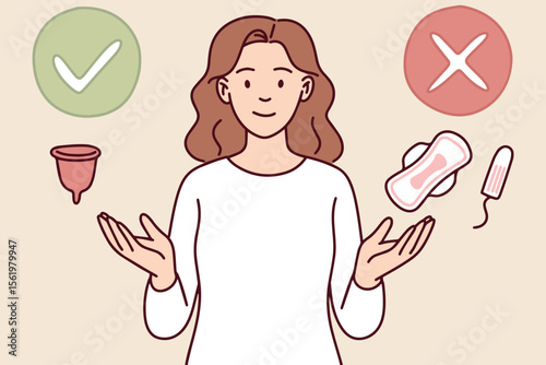 Woman gestures between menstrual cup and disposable hygiene products, highlighting correct and incorrect menstrual care practices