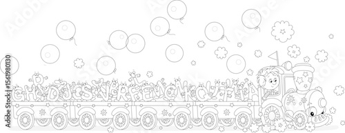 Little boy driving a toy train carrying funny letters of English alphabet, black and white vector cartoon illustration for a coloring book