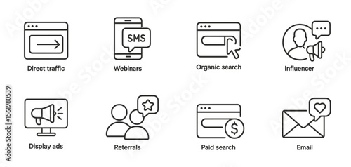 Digital marketing outline icon set. seo, social media, email, ads, web icons collection