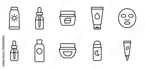 Skincare product outline icon set. creams, serums, masks in linear style collection