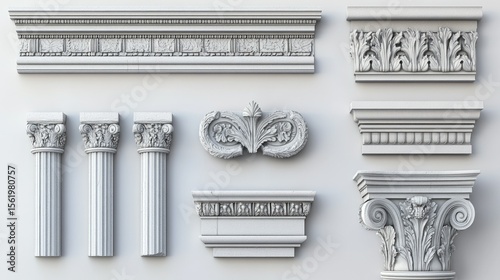 Collection of Classical Architectural Ornaments:  Elegant 3D Models of Columns, Capitals, Friezes, and Cornices