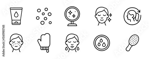 Skin care routine line icon set. beauty, cosmetics, facial treatment icons collection