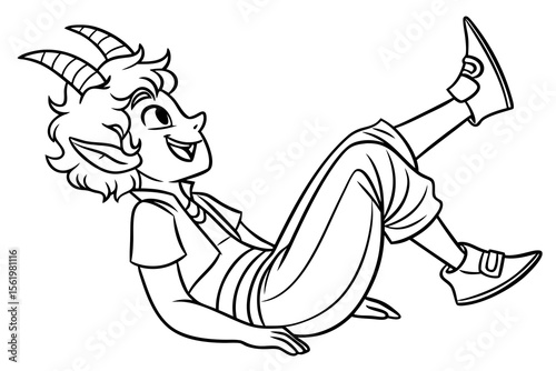 Line art of a mischievous satyr, suitable for a coloring page, simple lines, no shading, clear outlines, black and white