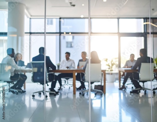 Business professionals engaged in a meeting in a modern office with sunlight streaming through