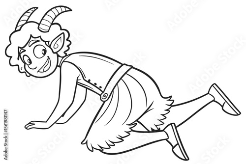 Line art of a mischievous satyr, suitable for a coloring page, simple lines, no shading, clear outlines, black and white