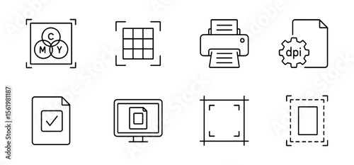 Printing essentials outline icon set. print, design, cmyk, dpi tools collection