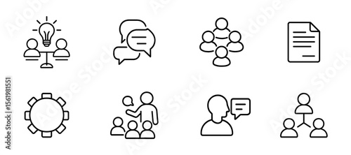 Communication, collaboration outline icon set. group meeting, discussion symbols collection