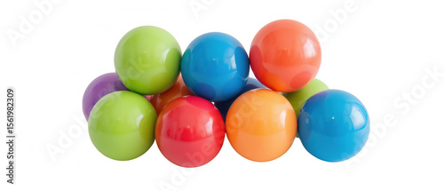 Colorful plastic balls stacked together in playful arrangement, showcasing vibrant hues of red, blue, green, orange, and purple