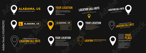 Modern location UI widget set with map pins and text call-outs. Includes location lower thirds, titles, and coordinates layouts. Ideal for maps or location-based video overlays.