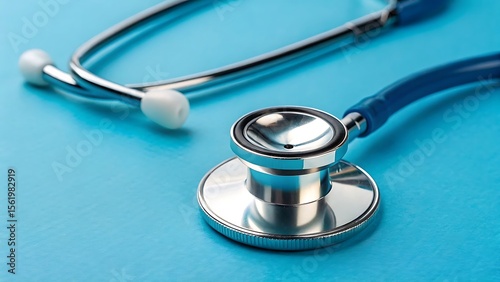 Close up of a blue stethoscope resting on a bright blue background