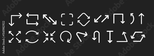 Minimalist white arrow icon set for UI design. Includes rotation, return, expand, shrink, and direction arrows on a dark background. Perfect for interfaces, apps, and web navigation.