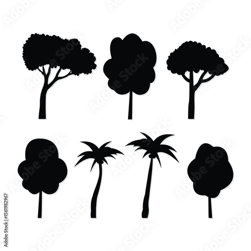 Silhouette unique trees, set of night trees isolated on a white background vector illustration