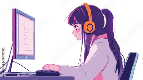 Focused Woman in Headphones Working at Computer Desk