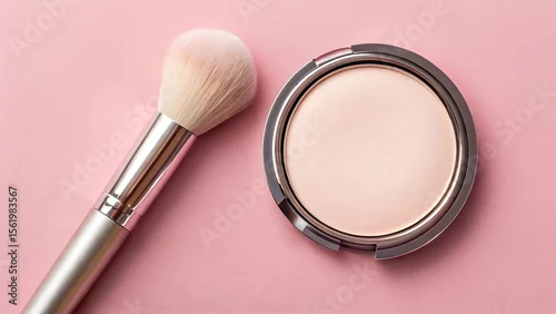Obraz Cosmetic makeup powder compact with a soft fluffy brush on a pink background