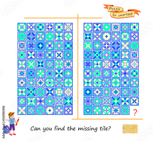 Can you find the missing tile? Logic puzzle for children and adults. Educational game. Page for brain teaser book. Task for attentiveness. Play online. Kids activity sheet. Flat vector illustration.