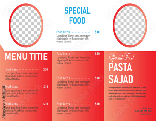 Restaurant Trifold Menu Template: Red and white gradient trifold brochure with space for menu items and restaurant logo. Perfect for showcasing your special dishes.