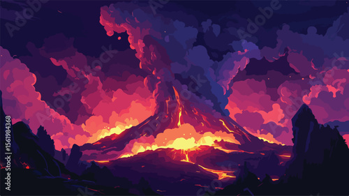 Erupting Volcano with Red Smoke and Ash Clouds Image for Adobe Stock Photos