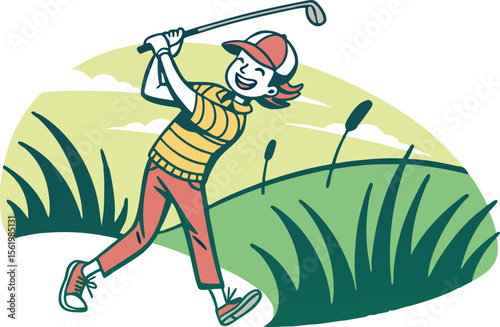 Golf Design Set Featuring Players Clubs Balls and Course Elements in Clean Style. Flat Style Golf Illustration Collection with Swing Action Green Field and Flags. Modern Golf Design Pack with Tee Off